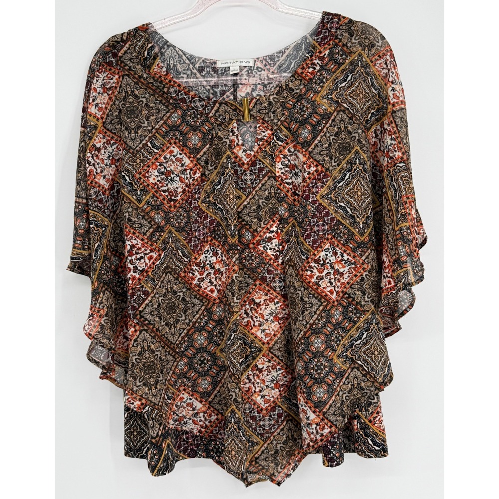 Notations Womens Patchwork Print Keyhole Blouse Ruffle Cape Sleeve Brown Sz L
